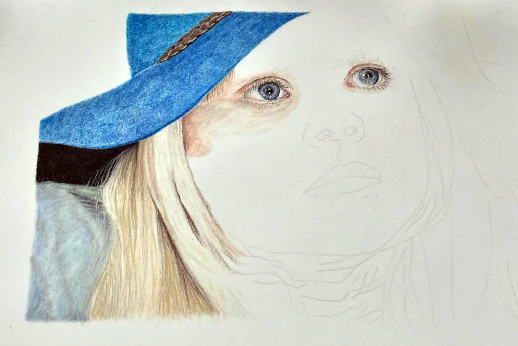 Girl in a blue hat in coloured pencil